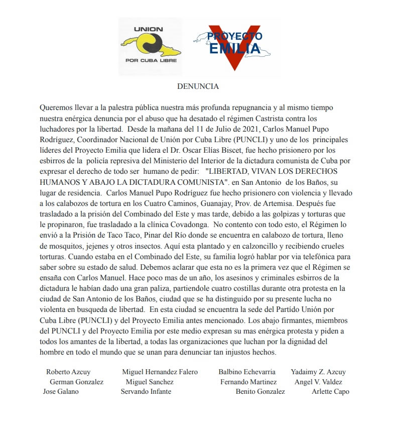 Declaración del Partido Unión por Cuba Libre, que tiene preso a su Coordinador General en Cuba (11J). Es uno de los líderes principales del Proyecto Emilia.